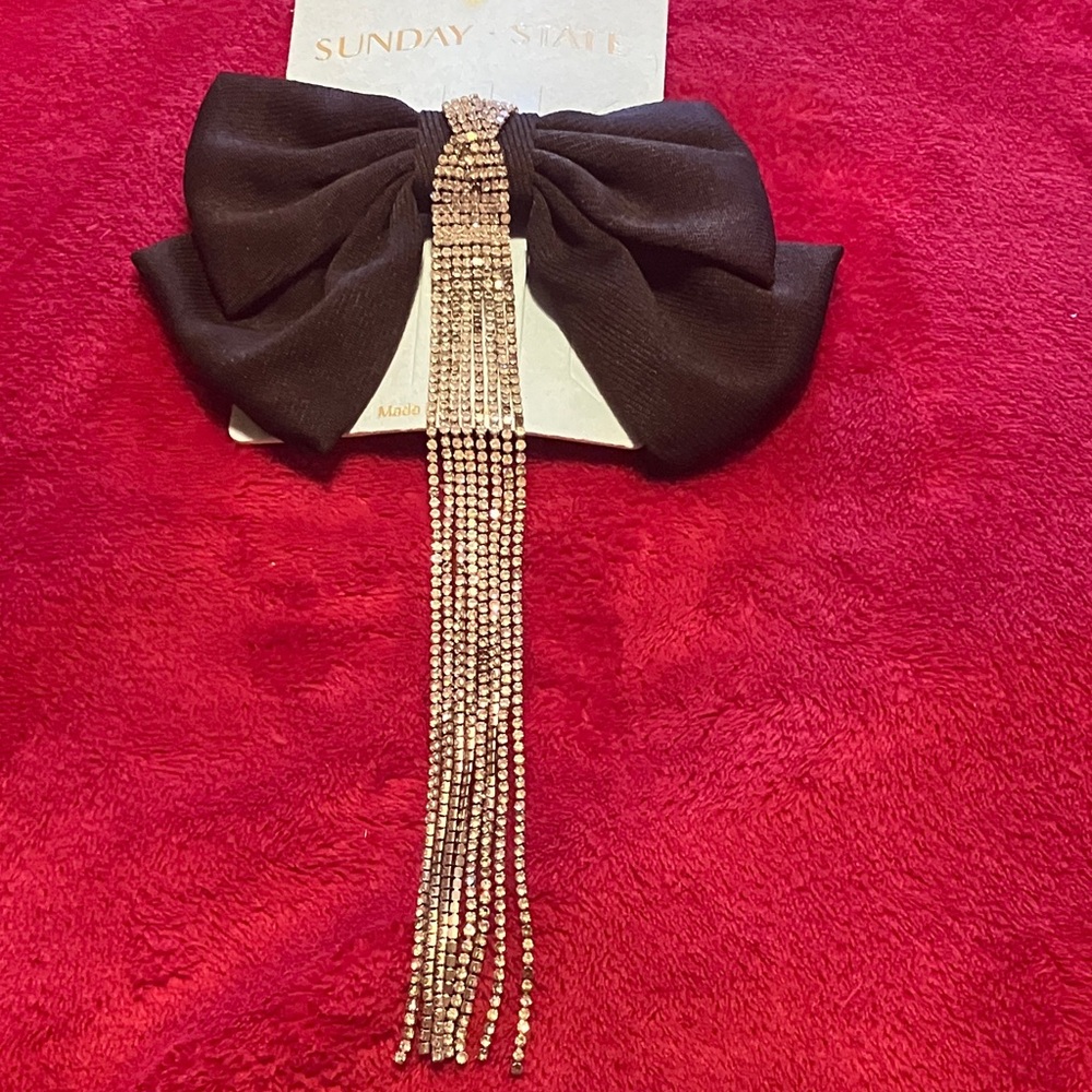 Sunday state Black Bow Hair Clip with silver Tassel Rhinestones